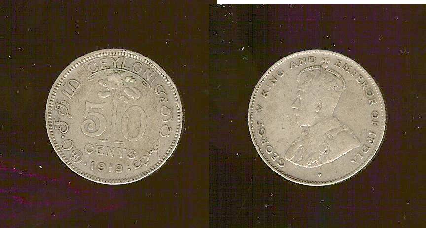 Ceylon 50 cents 1919 aF/VF+